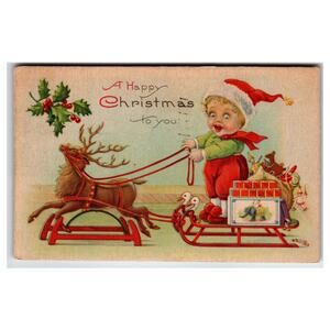 Stecher 1924 Christmas Postcard Child with Reindeer Sleigh Series 1282D